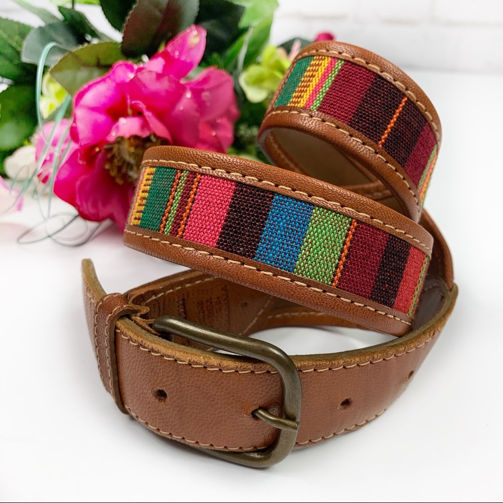 Boho Serape Brown Leather Colorful Fabric Belt S